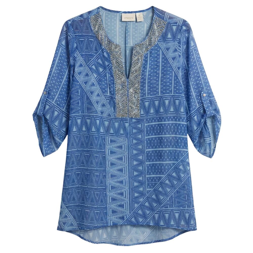 Chico's Womens S Boho Aztec Beaded Geometric‎ Sheer Roll Tab Sleeve Tunic Blouse